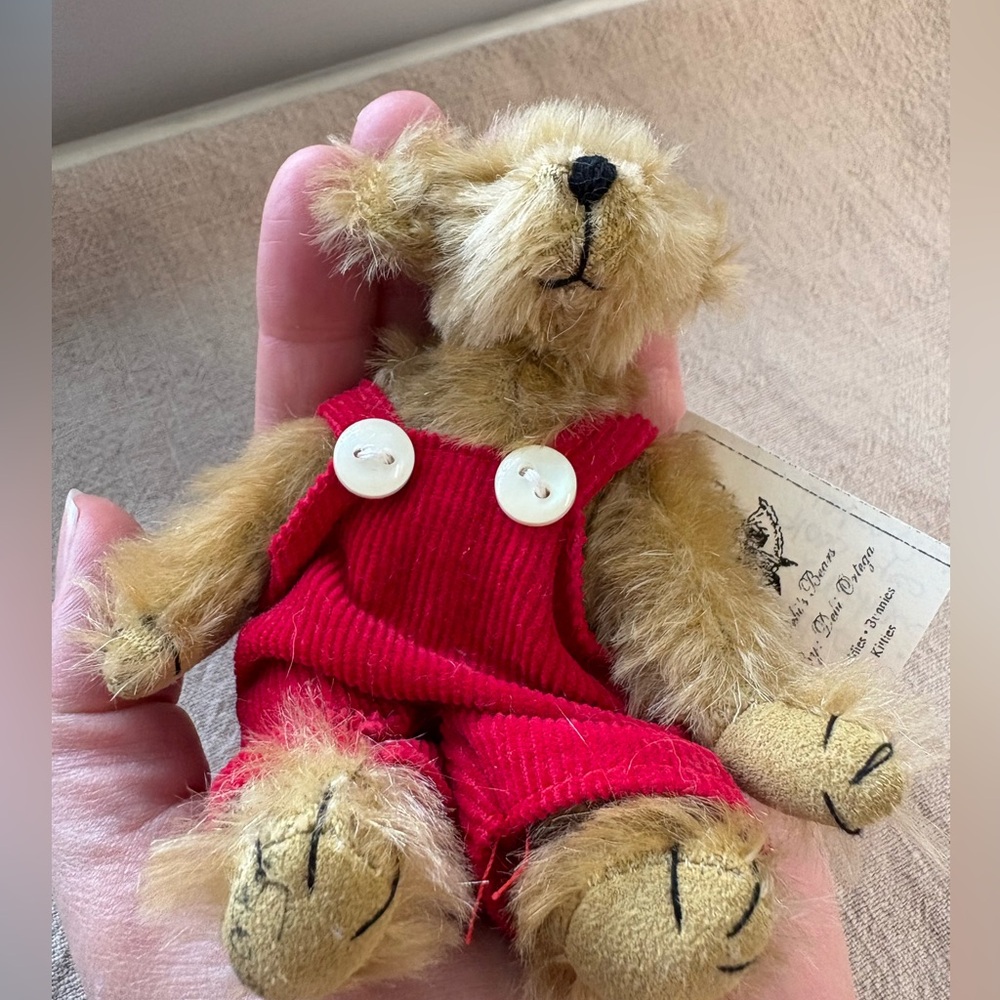 Debi’s Bears by Debi Ortega, mohair mini bear in red coveralls